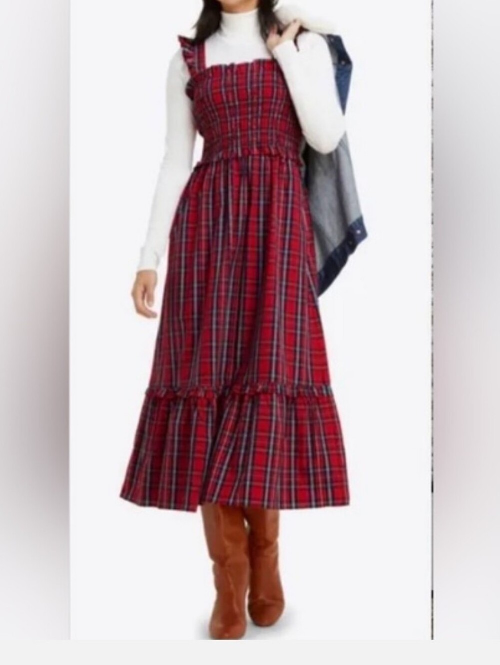 Nicole Miller Cotton Red Plaid Ruffled Midi Nap Dress - Women